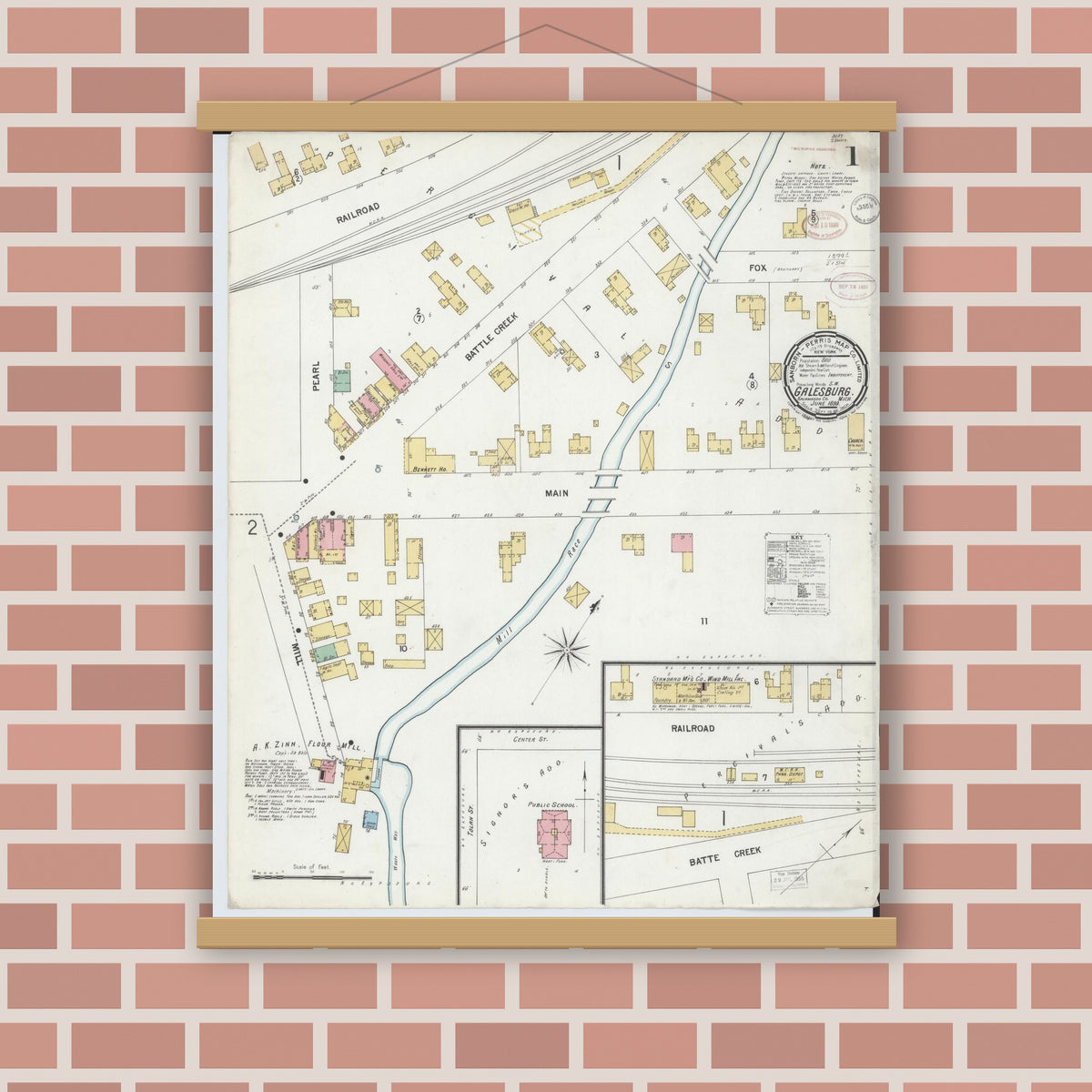 Old map wall art mockup — magnetic wood frame on brick wall — Sanborn Fire Insurance Map from Galesburg, Kalamazoo County, Michigan (1899), Sheet #0001