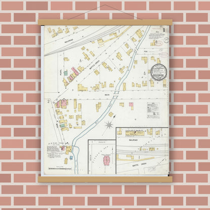 Old map wall art mockup — magnetic wood frame on brick wall — Sanborn Fire Insurance Map from Galesburg, Kalamazoo County, Michigan (1899), Sheet #0001