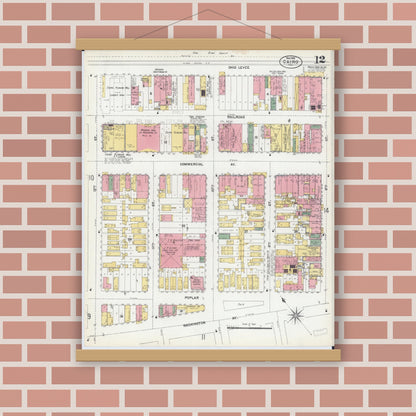 Old map wall art mockup — magnetic wood frame on brick wall — Sanborn Fire Insurance Map from Cairo, Alexander County, Illinois (1901), Sheet #0012