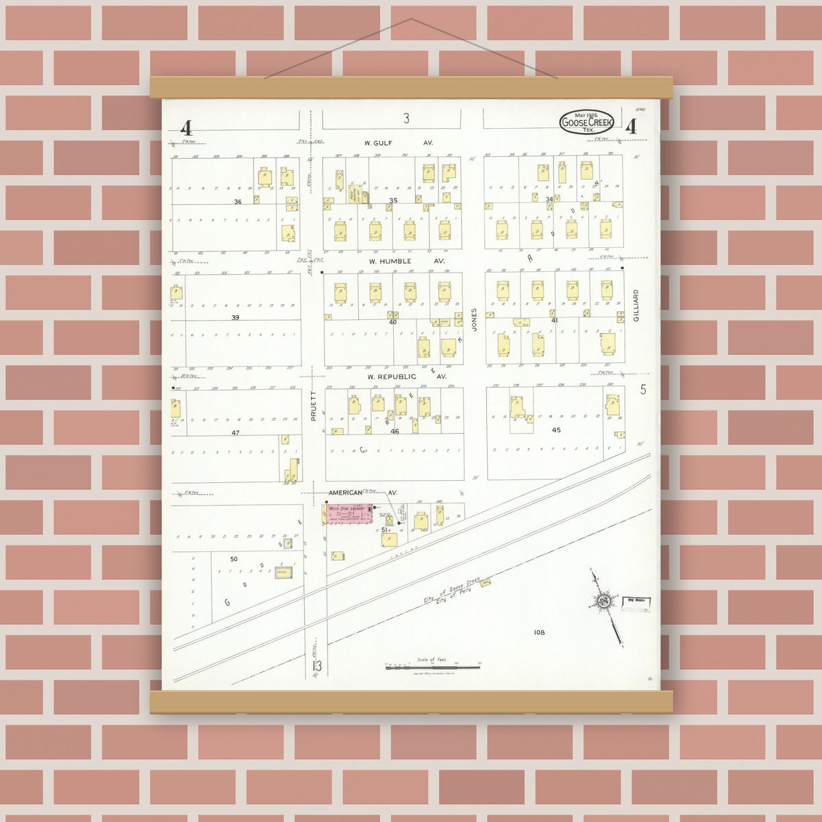 Old map wall art mockup — magnetic wood frame on brick wall — Sanborn Fire Insurance Map from Goose Creek, Harris County, Texas (1926), Sheet #0004