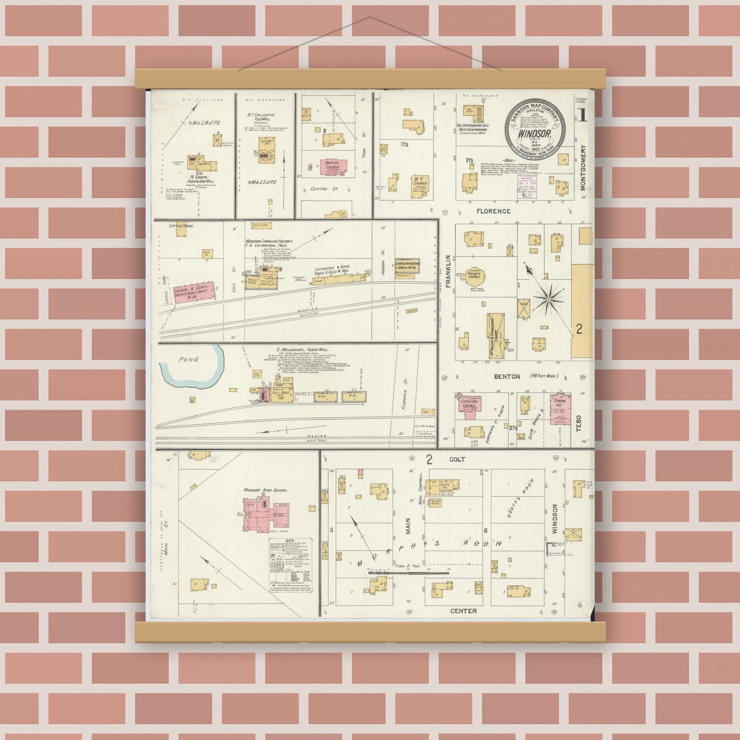 Old map wall art mockup — magnetic wood frame on brick wall — Sanborn Fire Insurance Map from Windsor, Henry County, Missouri (1902) - Complete Map Set
