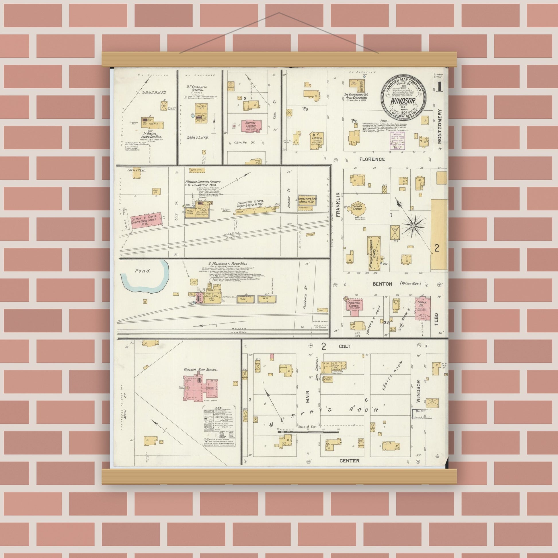 Old map wall art mockup — magnetic wood frame on brick wall — Sanborn Fire Insurance Map from Windsor, Henry County, Missouri (1902) - Complete Map Set