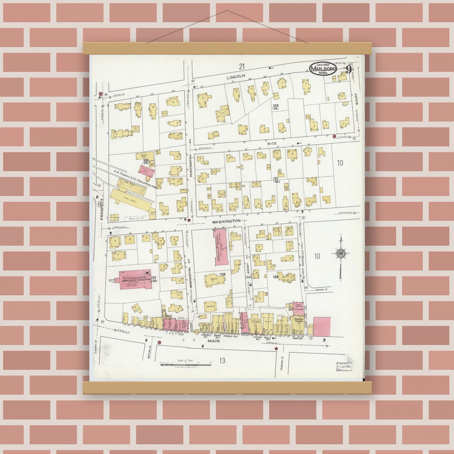 Old map wall art mockup — magnetic wood frame on brick wall — Sanborn Fire Insurance Map from Marlborough, Middlesex County, Massachusetts (1920), Sheet #0009