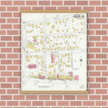 Old map wall art mockup — magnetic wood frame on brick wall — Sanborn Fire Insurance Map from Marlborough, Middlesex County, Massachusetts (1920), Sheet #0009