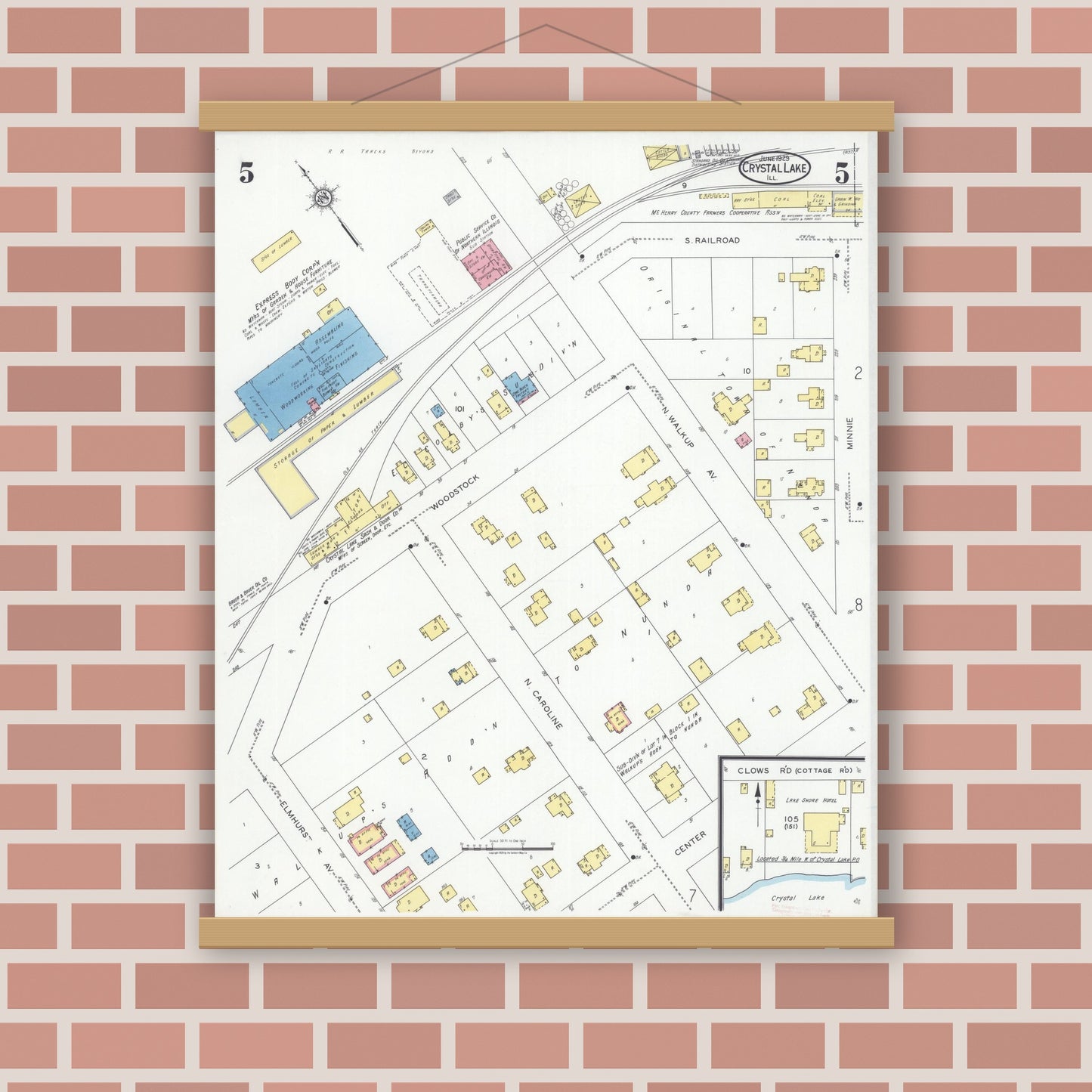 Old map wall art mockup — magnetic wood frame on brick wall — Sanborn Fire Insurance Map from Crystal Lake, McHenry County, Illinois (1929), Sheet #0005