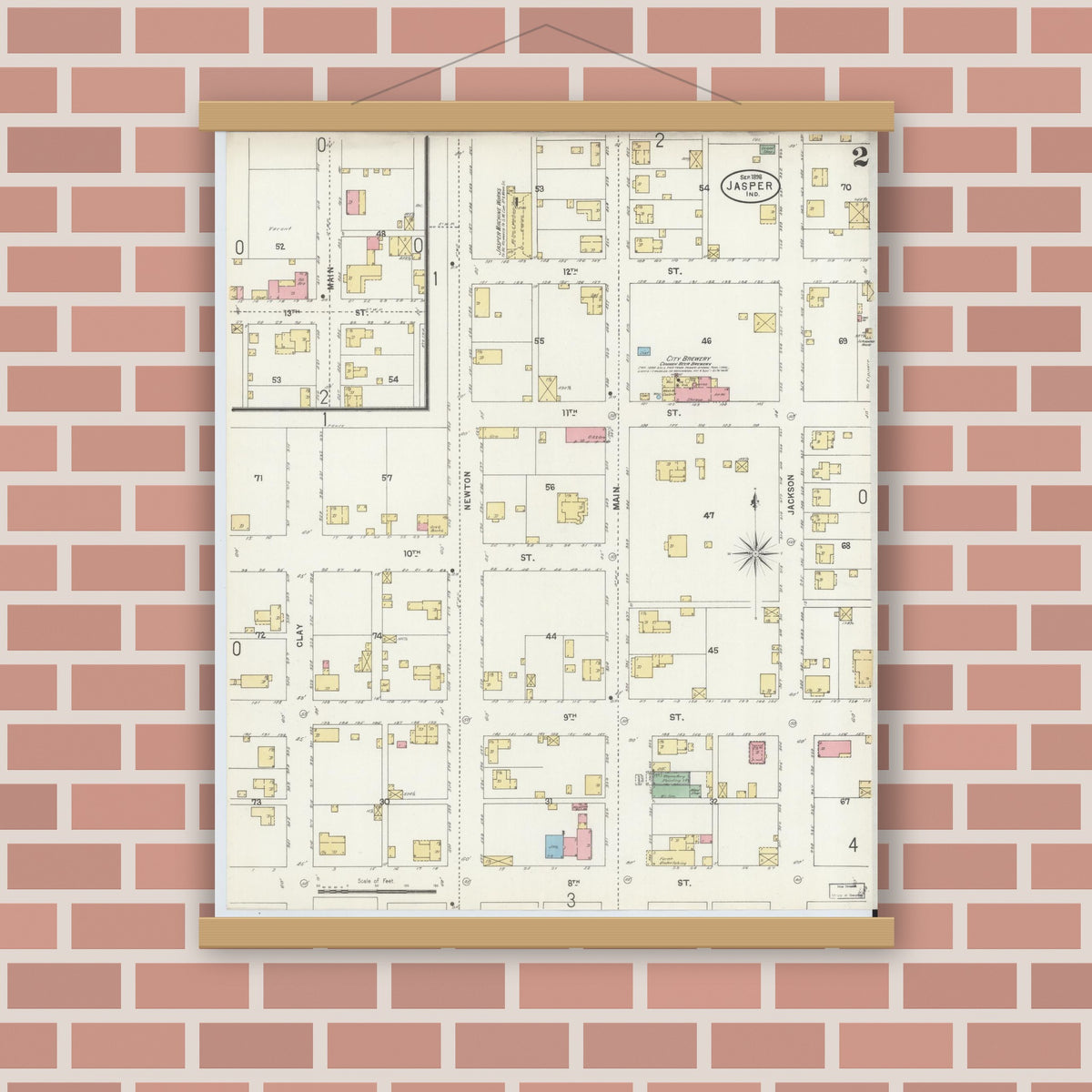 Old map wall art mockup — magnetic wood frame on brick wall — Sanborn Fire Insurance Map from Jasper, Dubois County, Indiana (1898), Sheet #0002