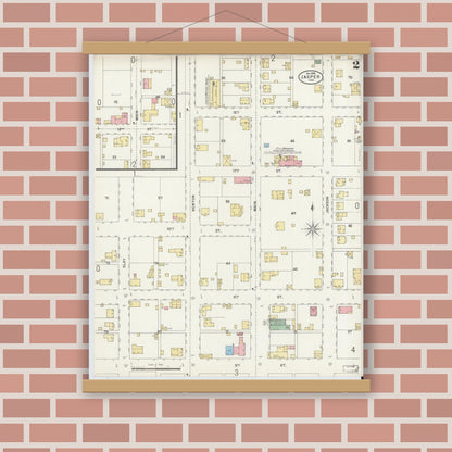 Old map wall art mockup — magnetic wood frame on brick wall — Sanborn Fire Insurance Map from Jasper, Dubois County, Indiana (1898), Sheet #0002