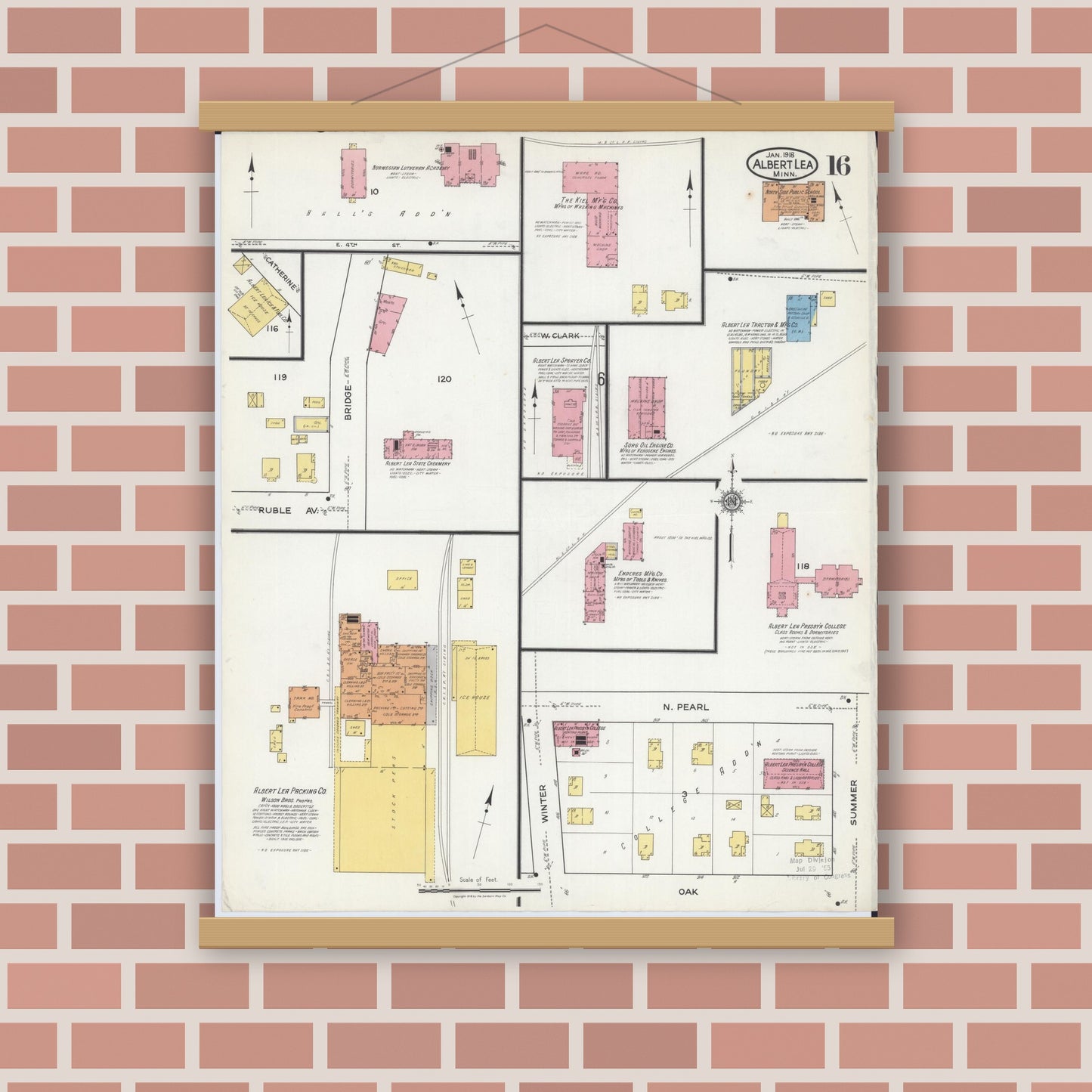 Old map wall art mockup — magnetic wood frame on brick wall — Sanborn Fire Insurance Map from Albert Lea, Freeborn County, Minnesota (1918), Sheet #0016
