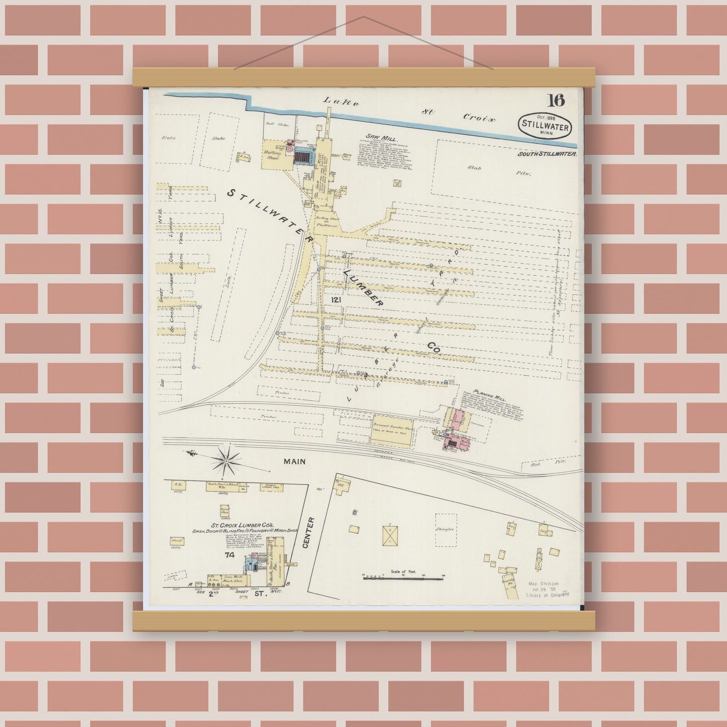 Old map wall art mockup — magnetic wood frame on brick wall — Sanborn Fire Insurance Map from Stillwater, Washington County, Minnesota (1888), Sheet #0016