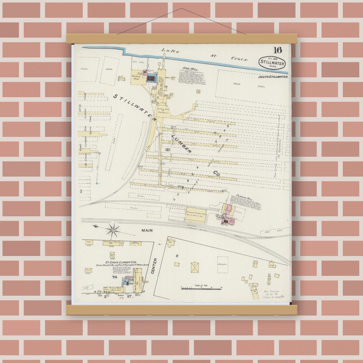 Old map wall art mockup — magnetic wood frame on brick wall — Sanborn Fire Insurance Map from Stillwater, Washington County, Minnesota (1888), Sheet #0016