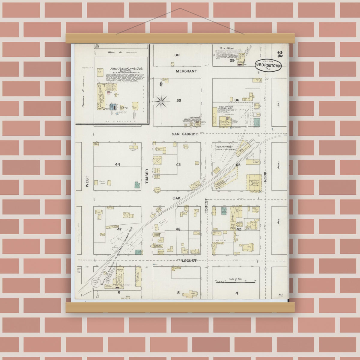 Old map wall art mockup — magnetic wood frame on brick wall — Sanborn Fire Insurance Map from Georgetown, Williamson County, Texas (1889), Sheet #0002