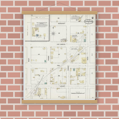 Old map wall art mockup — magnetic wood frame on brick wall — Sanborn Fire Insurance Map from Georgetown, Williamson County, Texas (1889), Sheet #0002