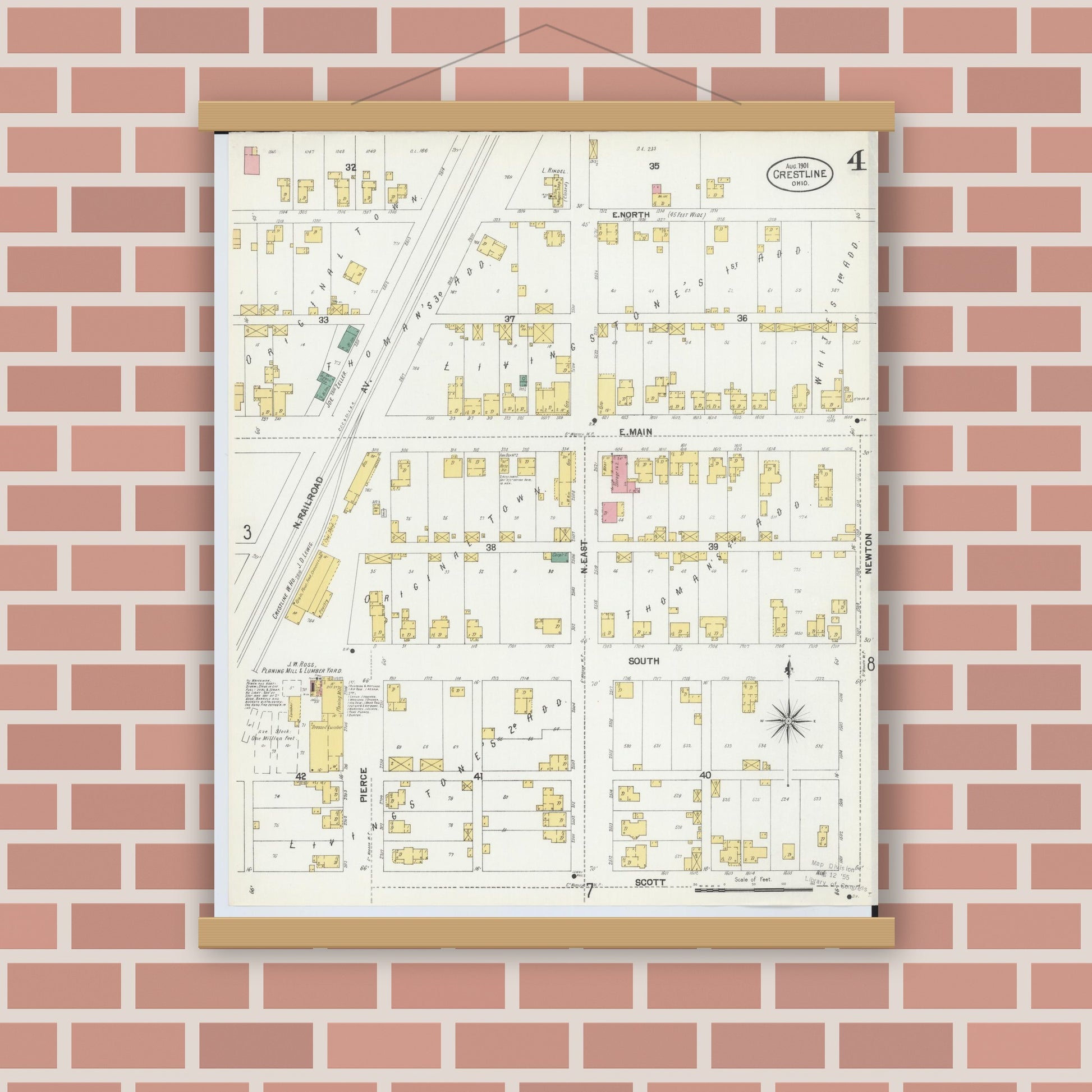 Old map wall art mockup — magnetic wood frame on brick wall — Sanborn Fire Insurance Map from Crestline, Crawford County, Ohio (1901), Sheet #0004