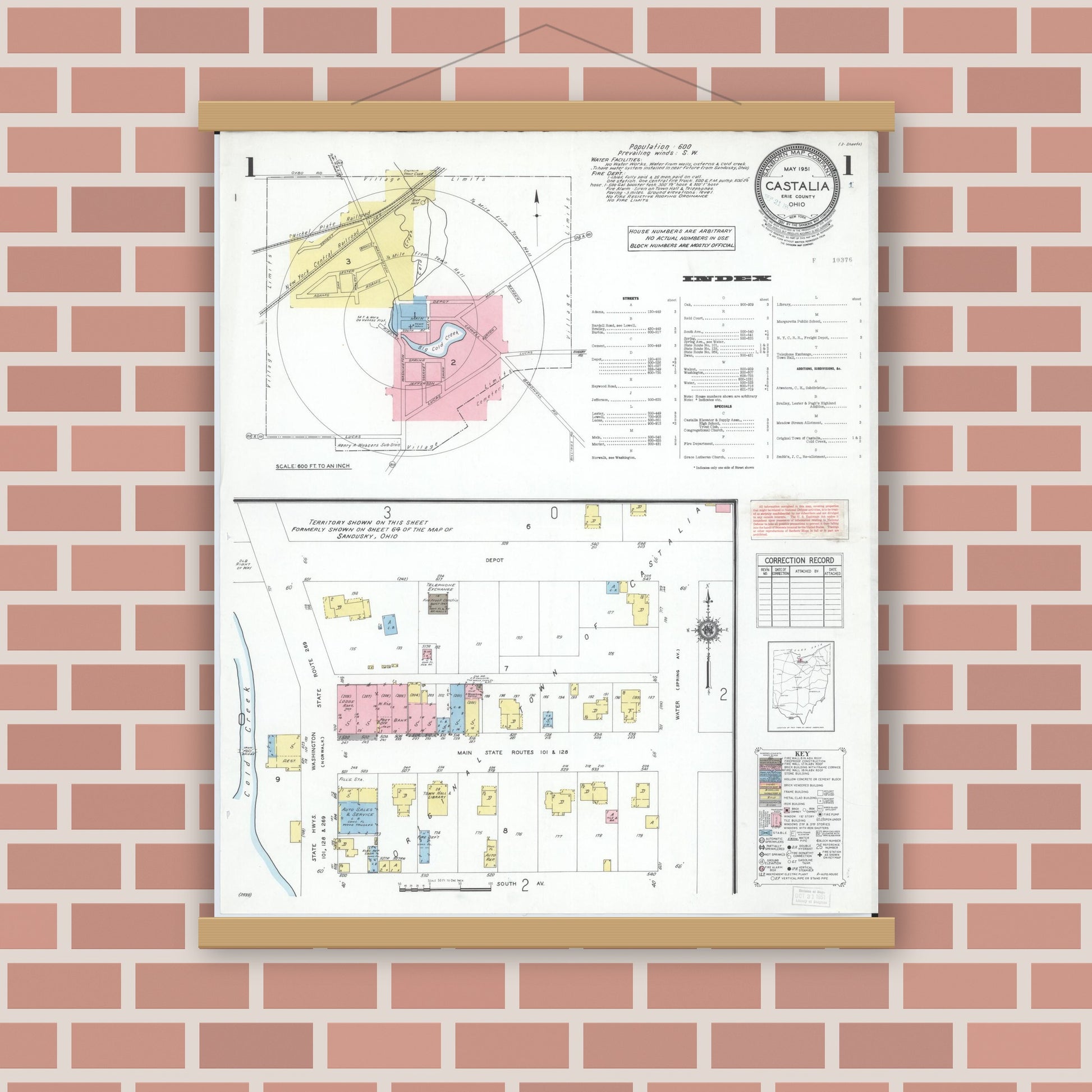 Old map wall art mockup — magnetic wood frame on brick wall — Sanborn Fire Insurance Map from Castalia, Erie County, Ohio (1951), Sheet #0001