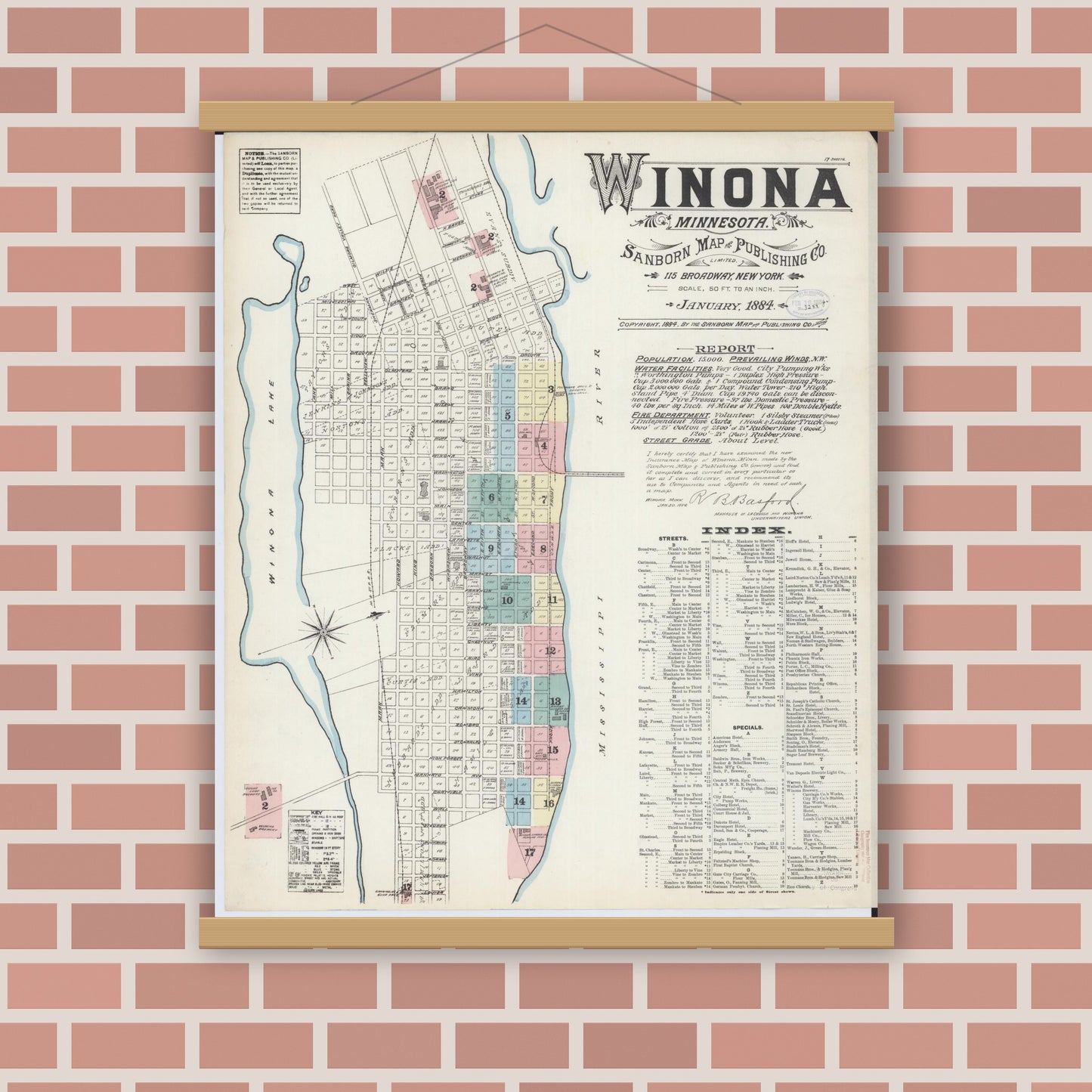 Old map wall art mockup — magnetic wood frame on brick wall — Sanborn Fire Insurance Map from Winona, Winona County, Minnesota (1884) - Complete Map Set