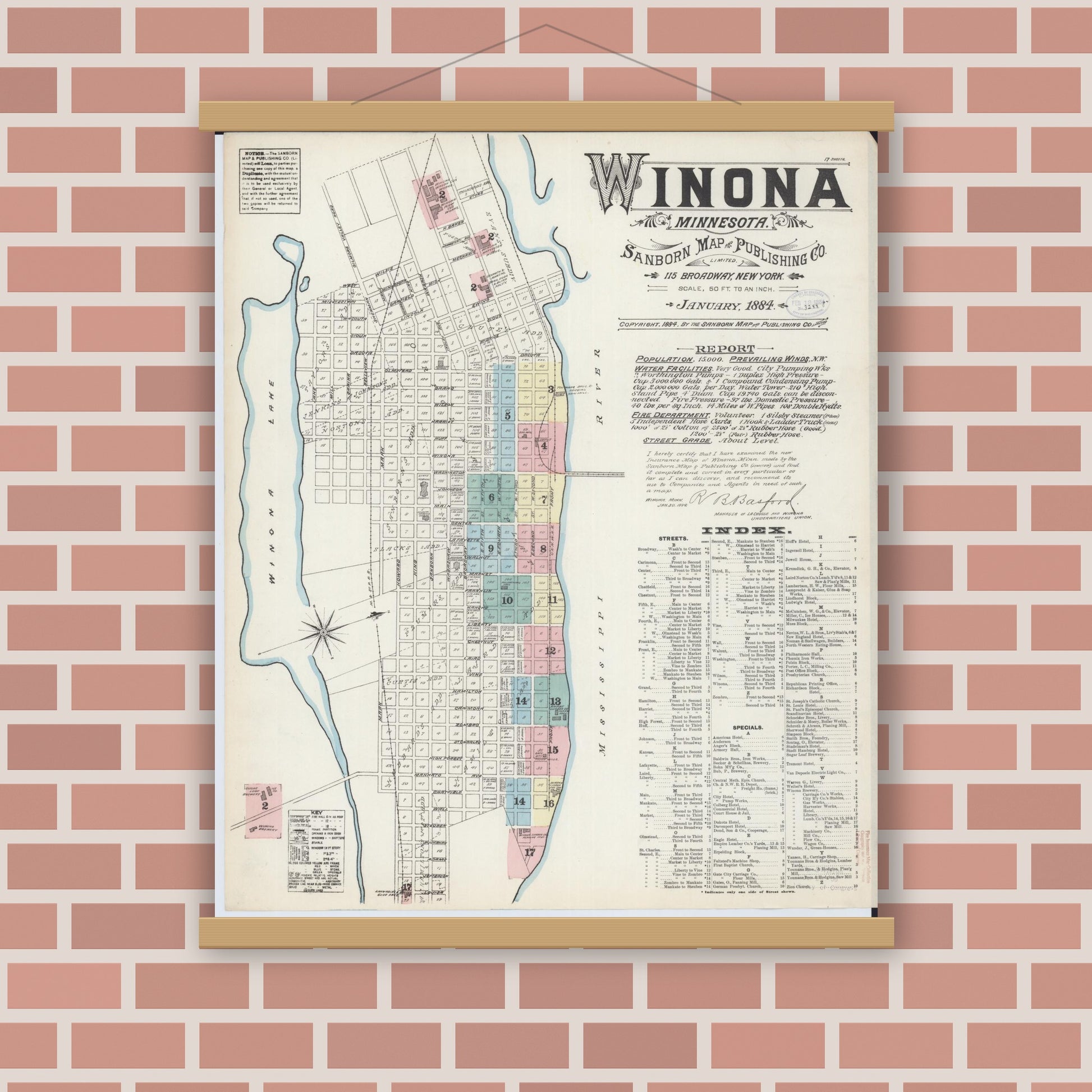 Old map wall art mockup — magnetic wood frame on brick wall — Sanborn Fire Insurance Map from Winona, Winona County, Minnesota (1884) - Complete Map Set