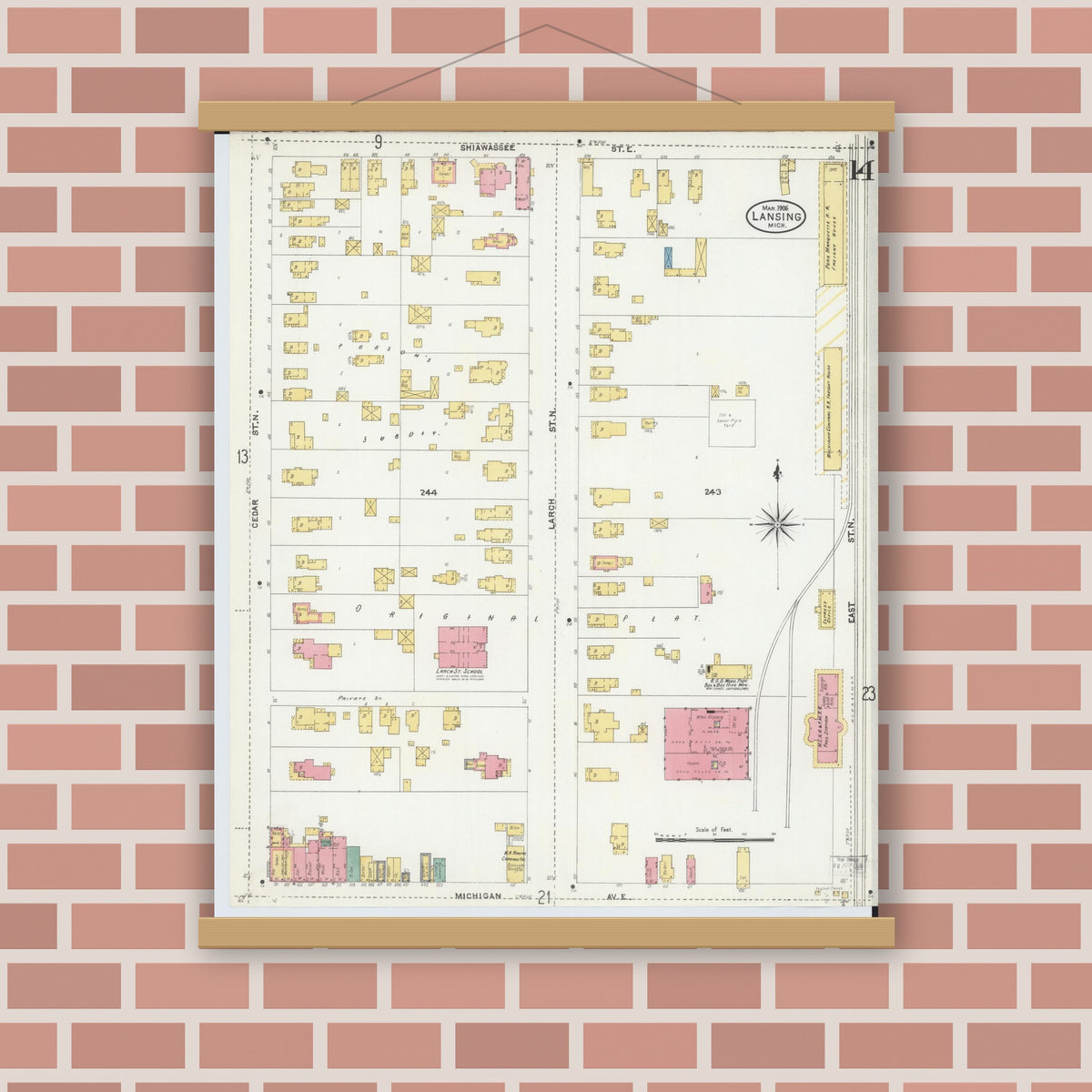 Old map wall art mockup — magnetic wood frame on brick wall — Sanborn Fire Insurance Map from Lansing, Ingham County, Michigan (1906), Sheet #0014