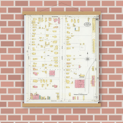 Old map wall art mockup — magnetic wood frame on brick wall — Sanborn Fire Insurance Map from Lansing, Ingham County, Michigan (1906), Sheet #0014