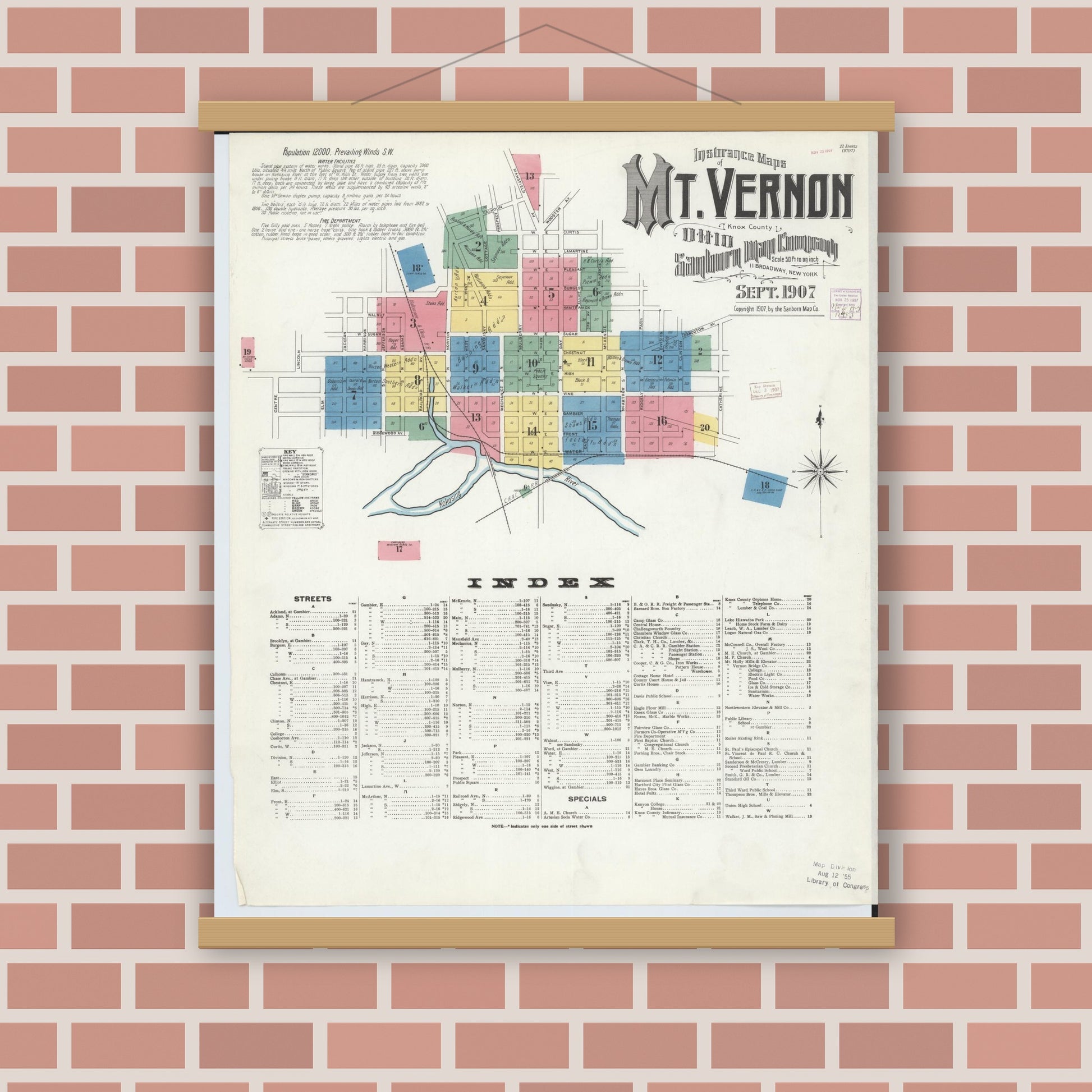 Old map wall art mockup — magnetic wood frame on brick wall — Sanborn Fire Insurance Map from Mount Vernon, Knox County, Ohio (1907) - Complete Map Set