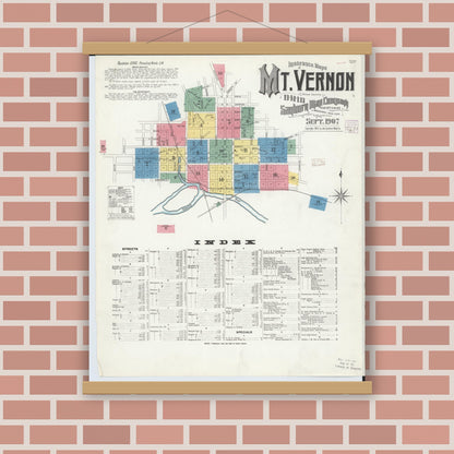 Old map wall art mockup — magnetic wood frame on brick wall — Sanborn Fire Insurance Map from Mount Vernon, Knox County, Ohio (1907) - Complete Map Set