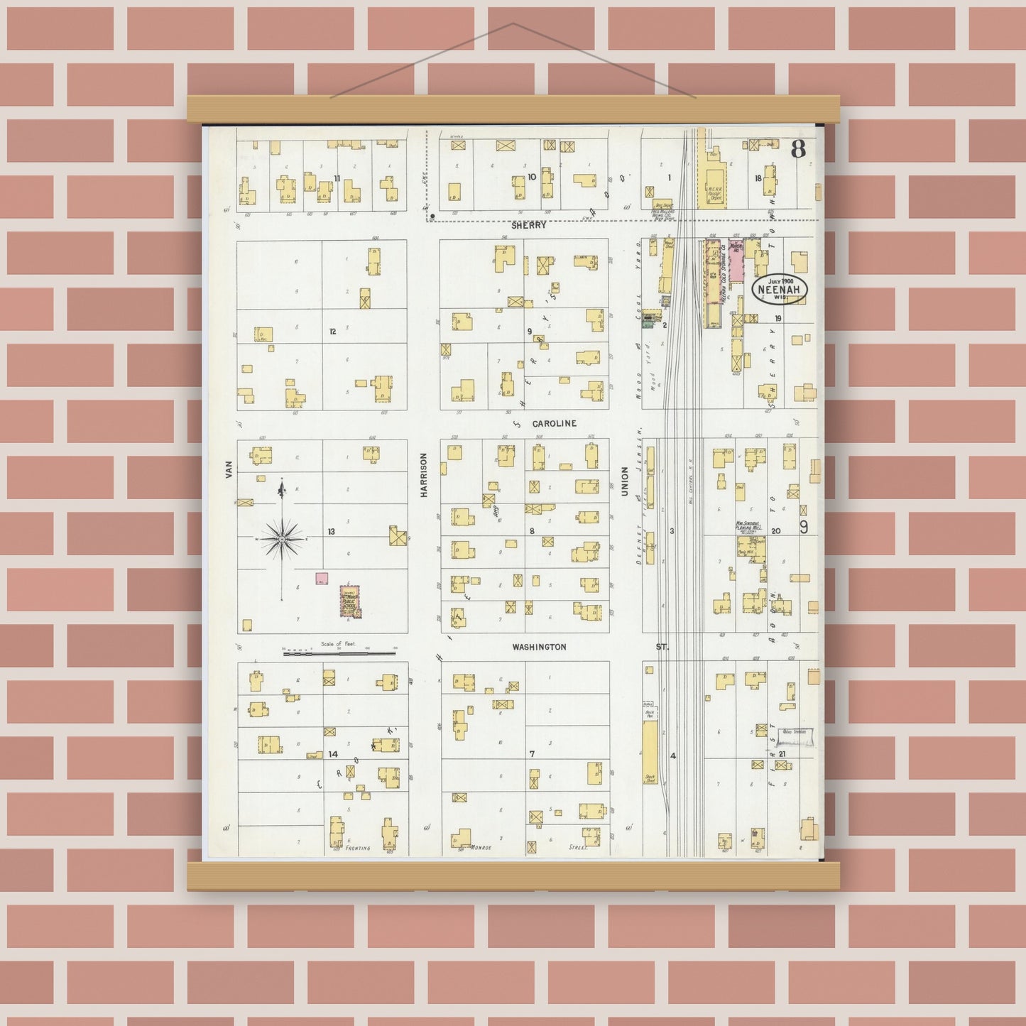 Old map wall art mockup — magnetic wood frame on brick wall — Sanborn Fire Insurance Map from Neenah, Winnebago County, Wisconsin (1900), Sheet #0008