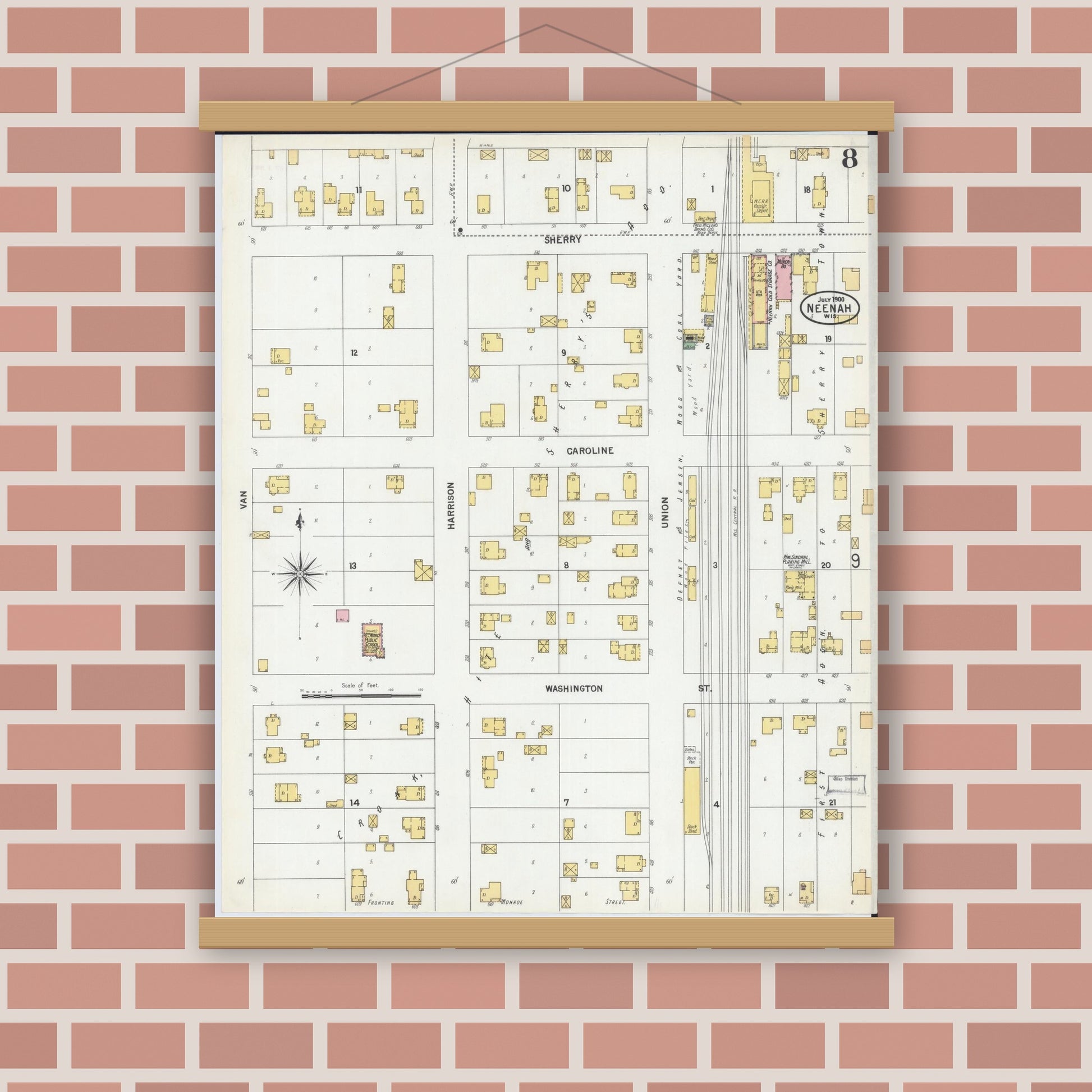 Old map wall art mockup — magnetic wood frame on brick wall — Sanborn Fire Insurance Map from Neenah, Winnebago County, Wisconsin (1900), Sheet #0008