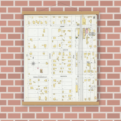 Old map wall art mockup — magnetic wood frame on brick wall — Sanborn Fire Insurance Map from Neenah, Winnebago County, Wisconsin (1900), Sheet #0008
