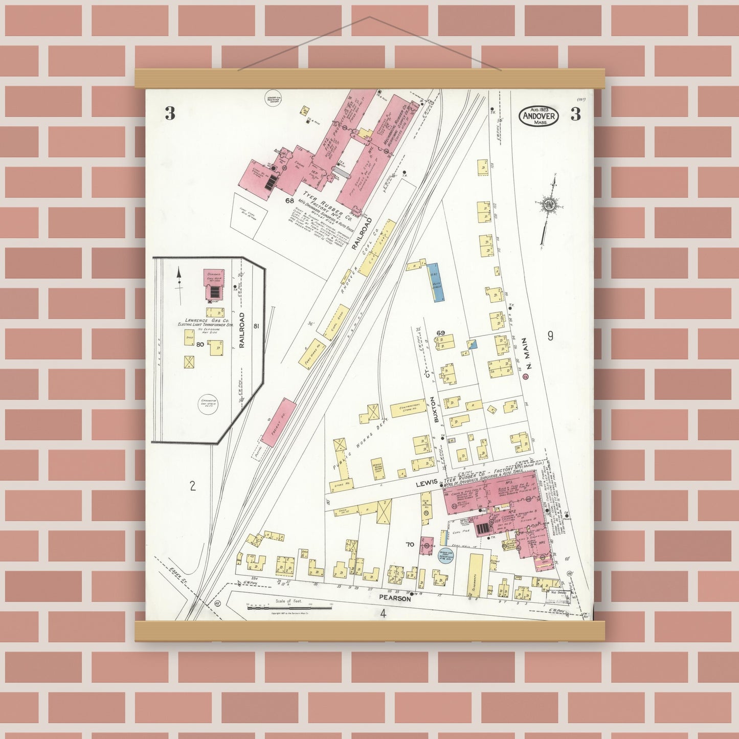 Old map wall art mockup — magnetic wood frame on brick wall — Sanborn Fire Insurance Map from Andover, Essex County, Massachusetts (1923), Sheet #0003