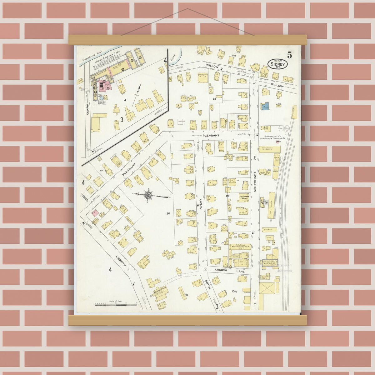 Old map wall art mockup — magnetic wood frame on brick wall — Sanborn Fire Insurance Map from Sidney, Delaware County, New York (1910), Sheet #0005