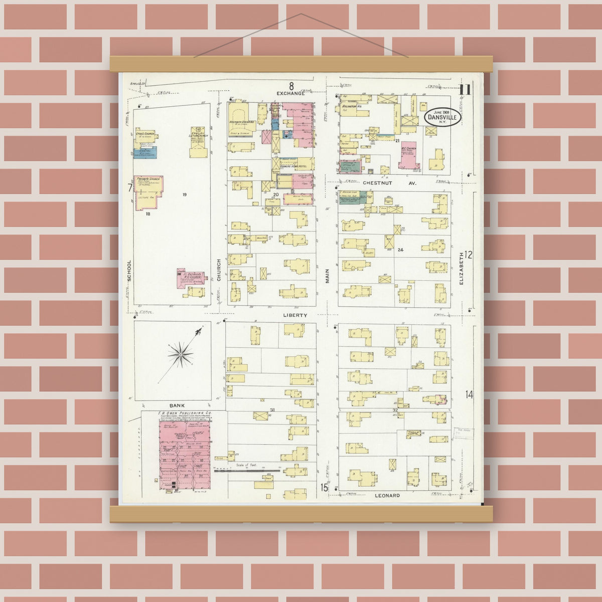 Old map wall art mockup — magnetic wood frame on brick wall — Sanborn Fire Insurance Map from Dansville, Livingston County, New York (1909), Sheet #0011