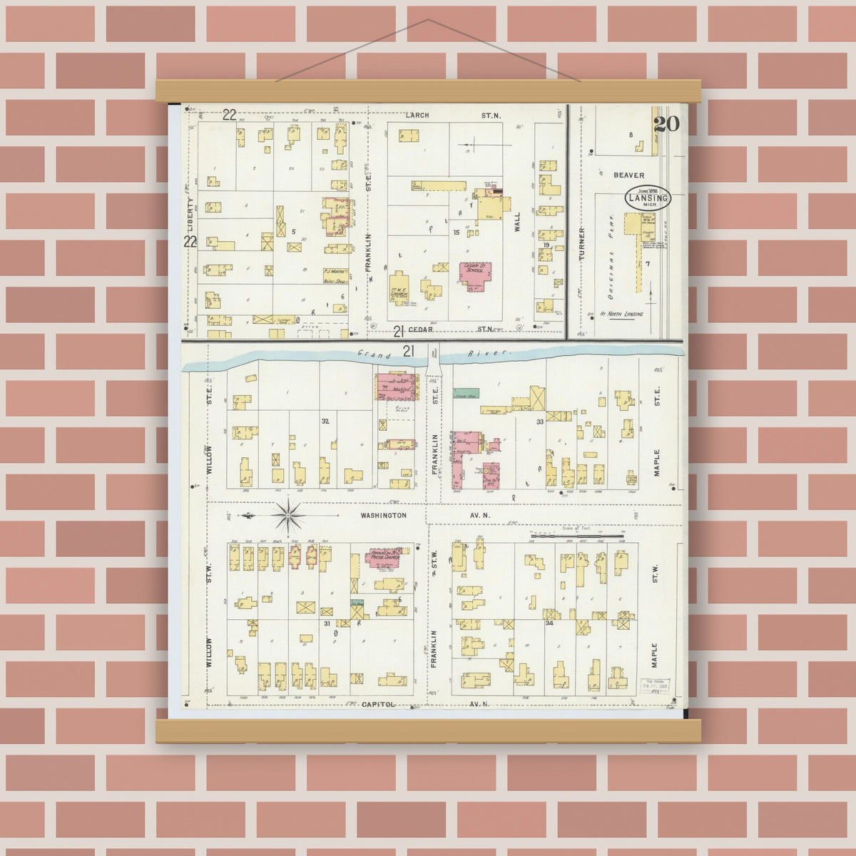 Old map wall art mockup — magnetic wood frame on brick wall — Sanborn Fire Insurance Map from Lansing, Ingham County, Michigan (1898), Sheet #0020