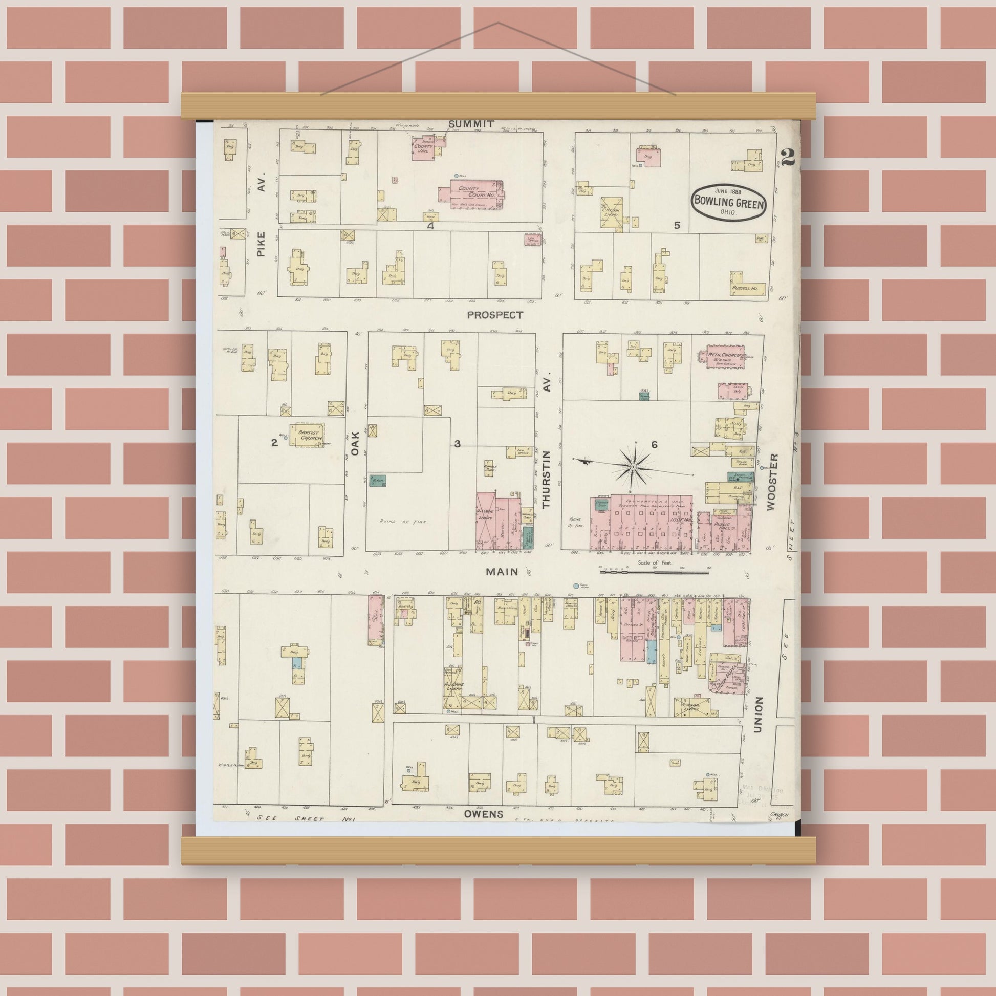 Old map wall art mockup — magnetic wood frame on brick wall — Sanborn Fire Insurance Map from Bowling Green, Wood County, Ohio (1888), Sheet #0002