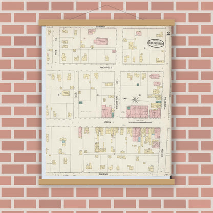 Old map wall art mockup — magnetic wood frame on brick wall — Sanborn Fire Insurance Map from Bowling Green, Wood County, Ohio (1888), Sheet #0002