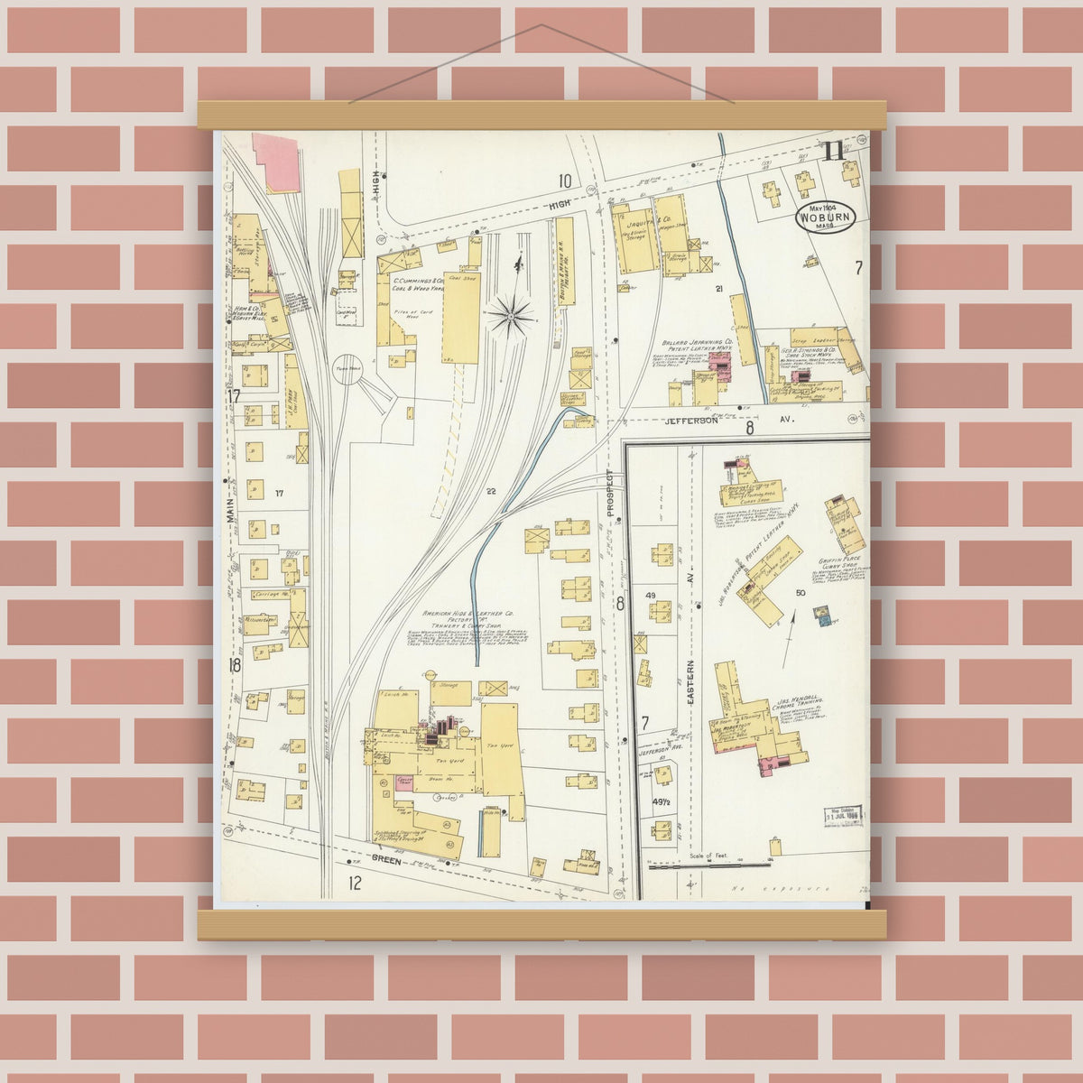Old map wall art mockup — magnetic wood frame on brick wall — Sanborn Fire Insurance Map from Woburn, Middlesex County, Massachusetts (1904), Sheet #0011