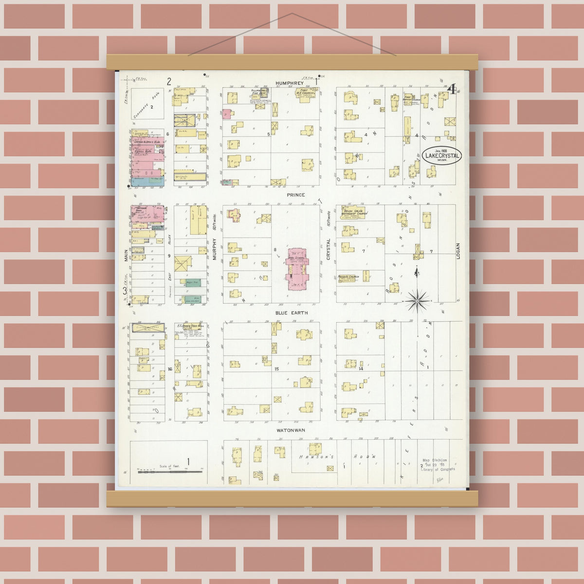 Old map wall art mockup — magnetic wood frame on brick wall — Sanborn Fire Insurance Map from Lake Crystal, Blue Earth County, Minnesota (1908), Sheet #0004