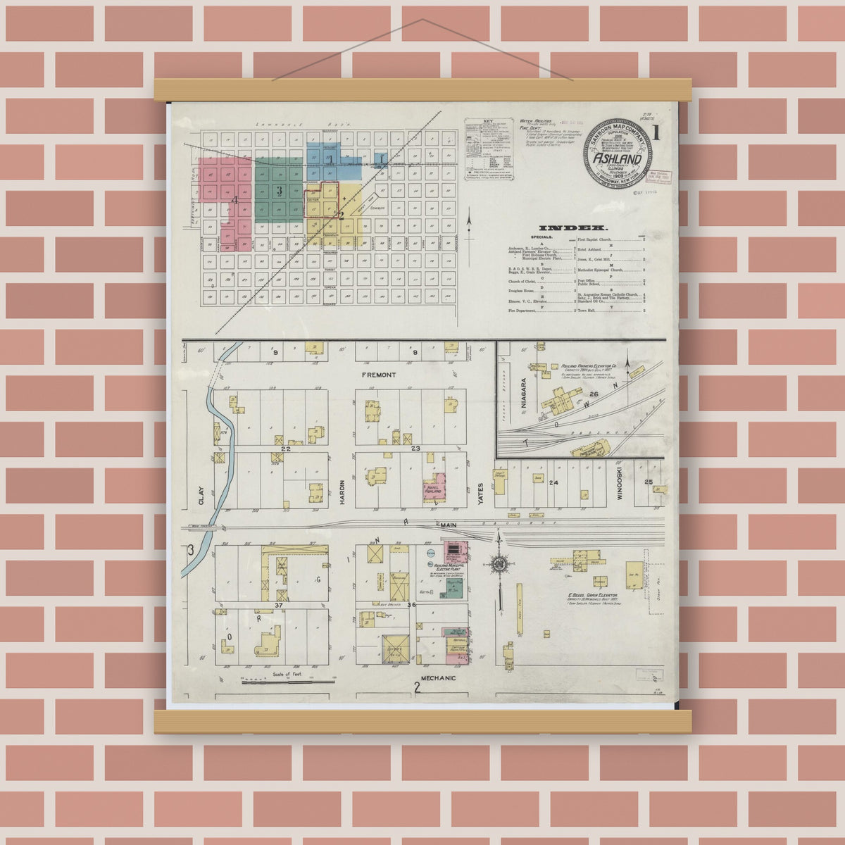 Old map wall art mockup — magnetic wood frame on brick wall — Sanborn Fire Insurance Map from Ashland, Cass County, Illinois (1909) - Complete Map Set