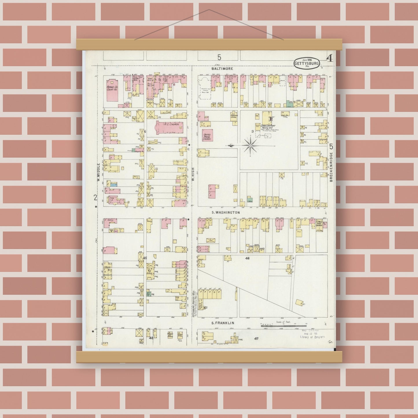 Old map wall art mockup — magnetic wood frame on brick wall — Sanborn Fire Insurance Map from Gettysburg, Adams County, Pennsylvania (1896), Sheet #0004