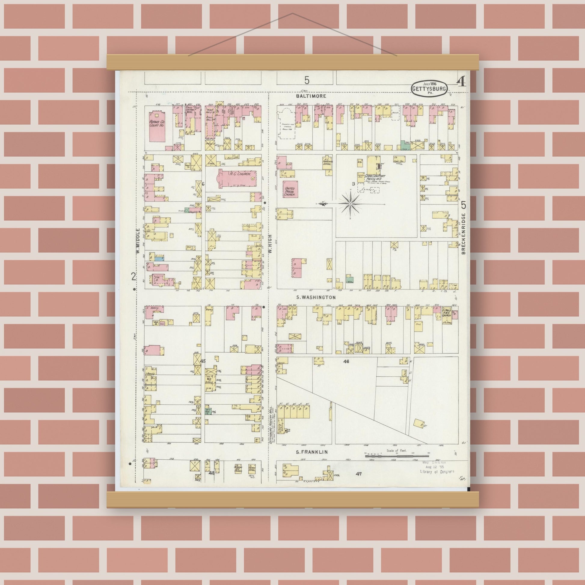 Old map wall art mockup — magnetic wood frame on brick wall — Sanborn Fire Insurance Map from Gettysburg, Adams County, Pennsylvania (1896), Sheet #0004