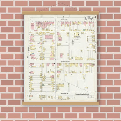 Old map wall art mockup — magnetic wood frame on brick wall — Sanborn Fire Insurance Map from Gettysburg, Adams County, Pennsylvania (1896), Sheet #0004