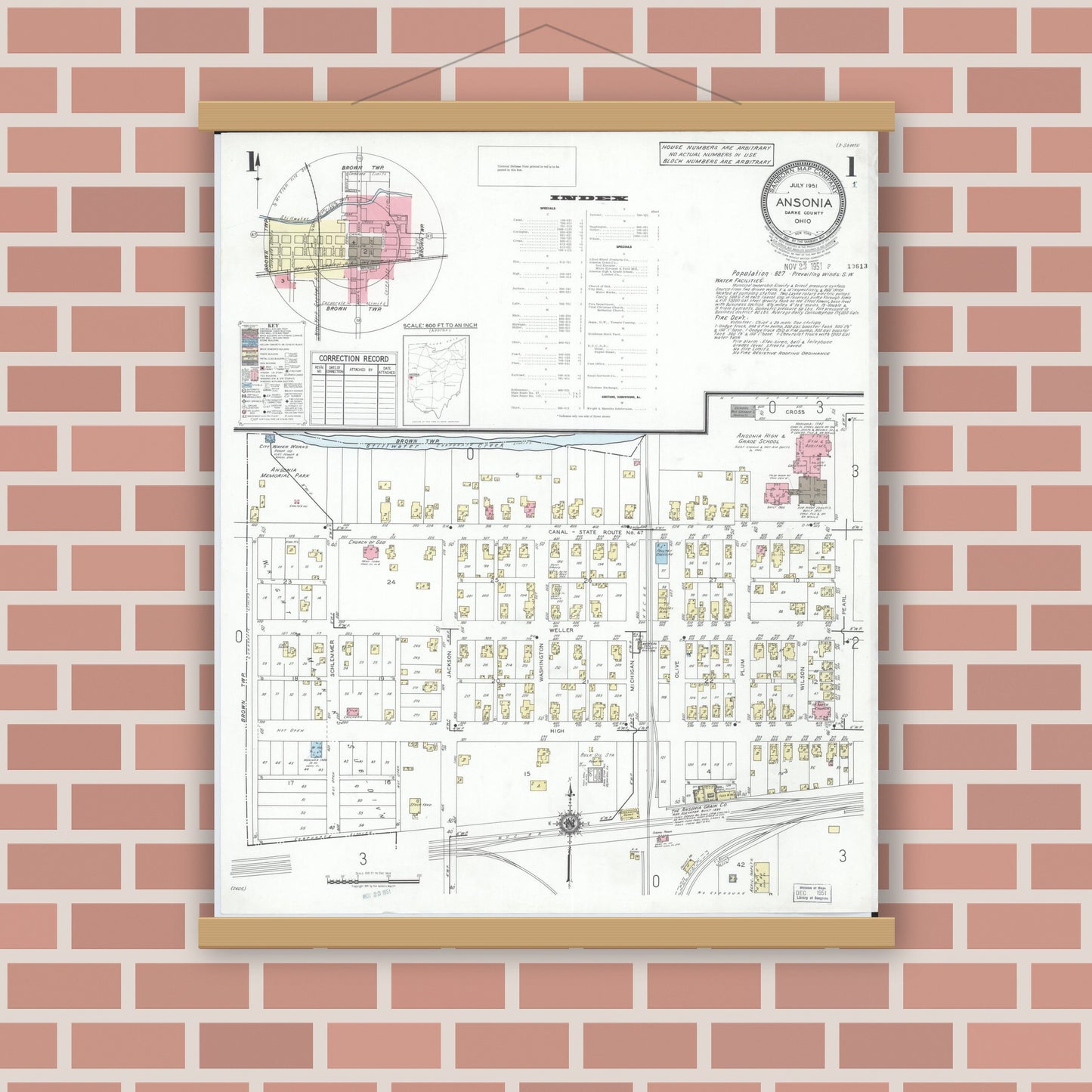 Old map wall art mockup — magnetic wood frame on brick wall — Sanborn Fire Insurance Map from Ansonia, Darke County, Ohio (1951), Sheet #0001