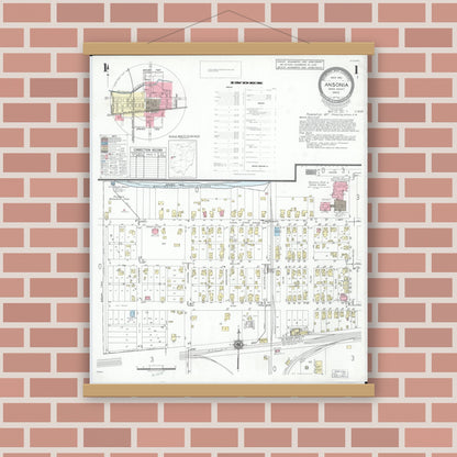 Old map wall art mockup — magnetic wood frame on brick wall — Sanborn Fire Insurance Map from Ansonia, Darke County, Ohio (1951), Sheet #0001