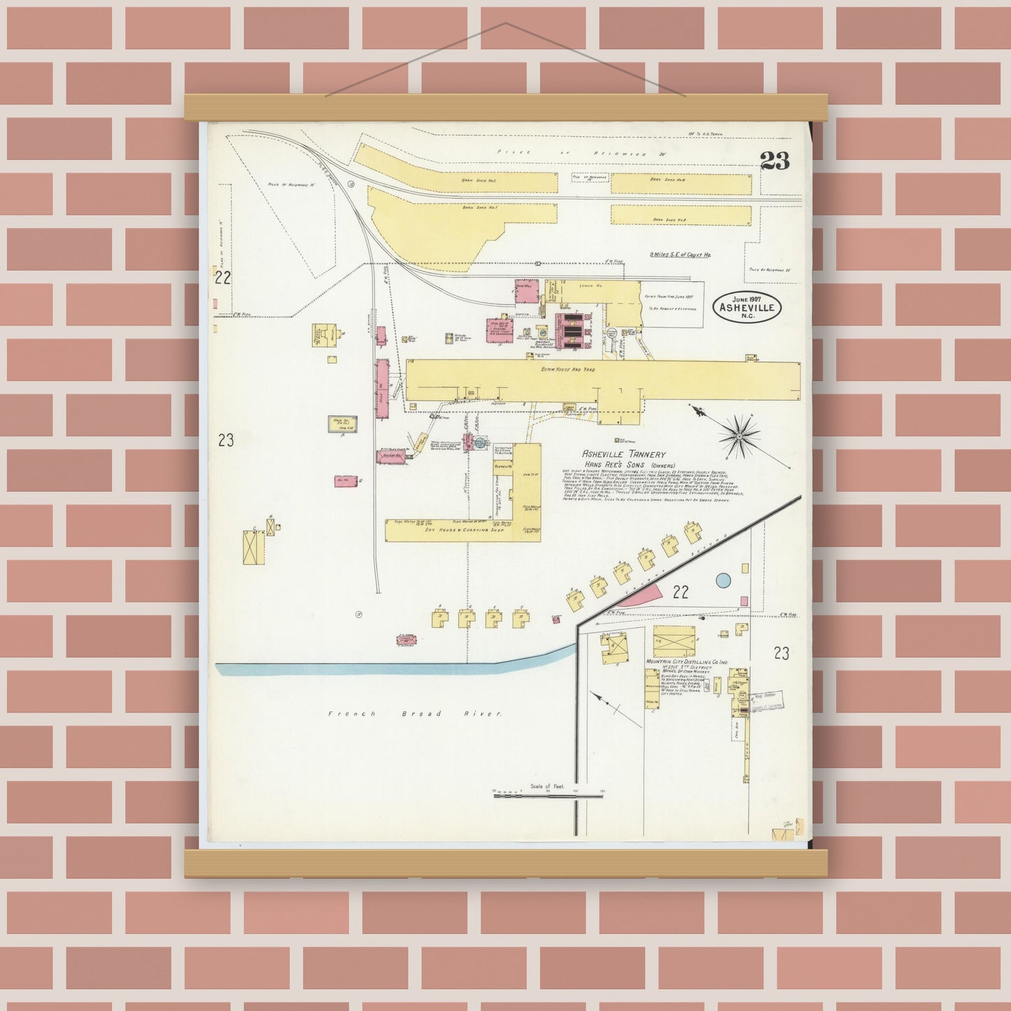Old map wall art mockup — magnetic wood frame on brick wall — Sanborn Fire Insurance Map from Asheville, Buncombe County, North Carolina (1907), Sheet #0023
