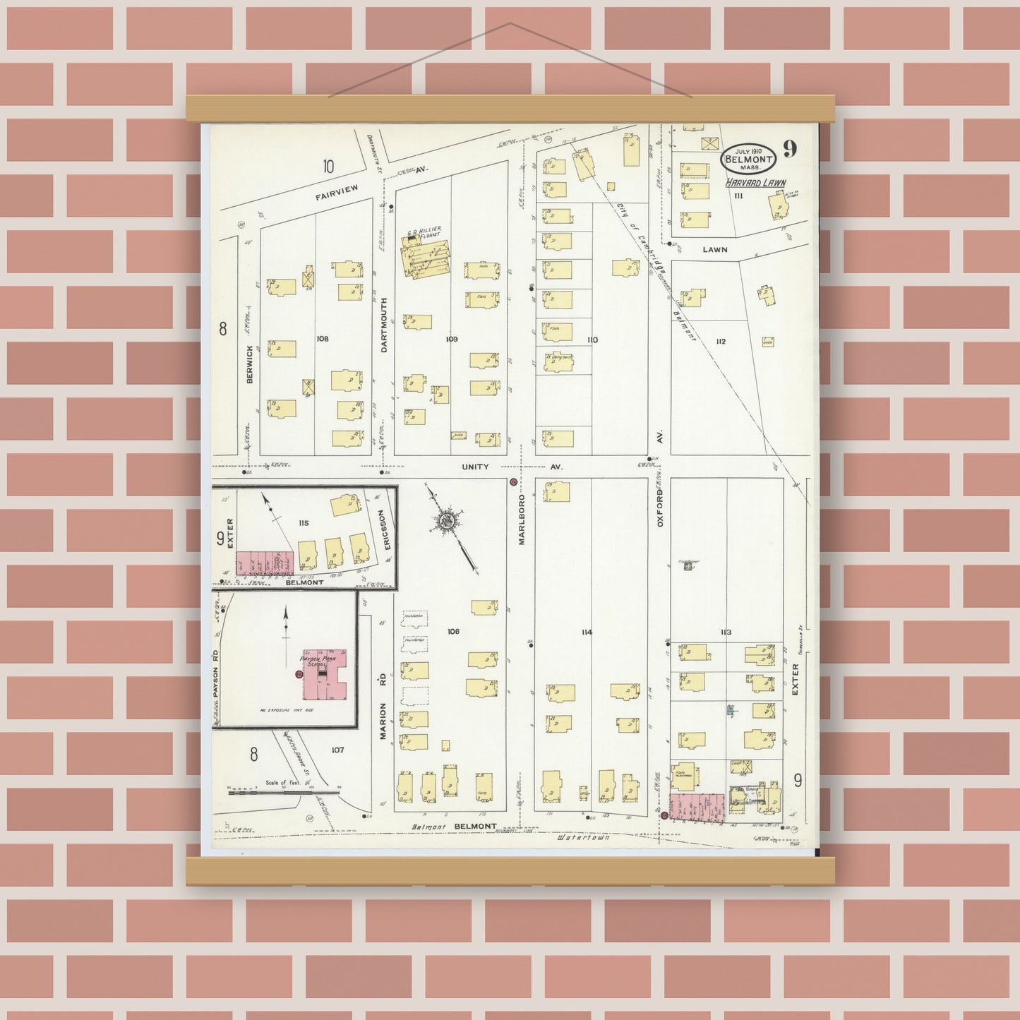 Old map wall art mockup — magnetic wood frame on brick wall — Sanborn Fire Insurance Map from Belmont, Middlesex County, Massachusetts (1910), Sheet #0009