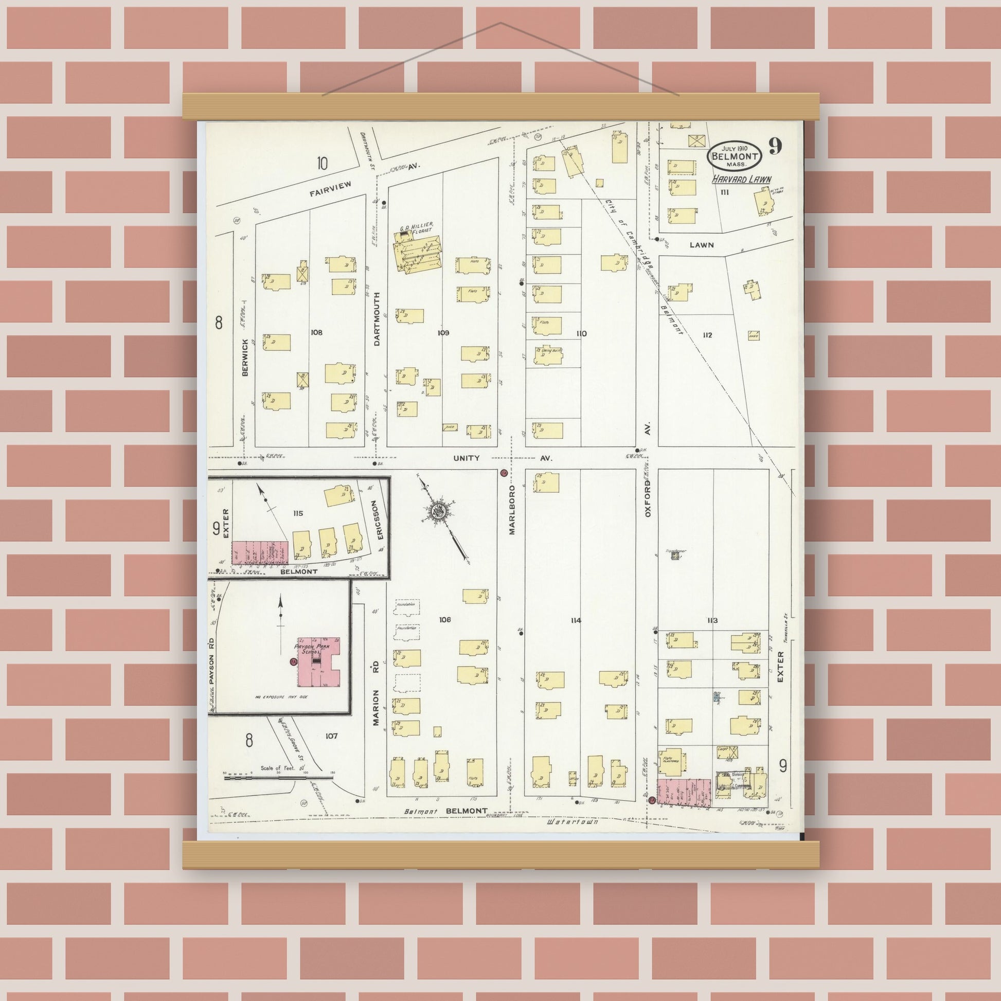 Old map wall art mockup — magnetic wood frame on brick wall — Sanborn Fire Insurance Map from Belmont, Middlesex County, Massachusetts (1910), Sheet #0009