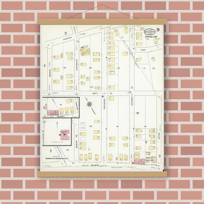 Old map wall art mockup — magnetic wood frame on brick wall — Sanborn Fire Insurance Map from Belmont, Middlesex County, Massachusetts (1910), Sheet #0009