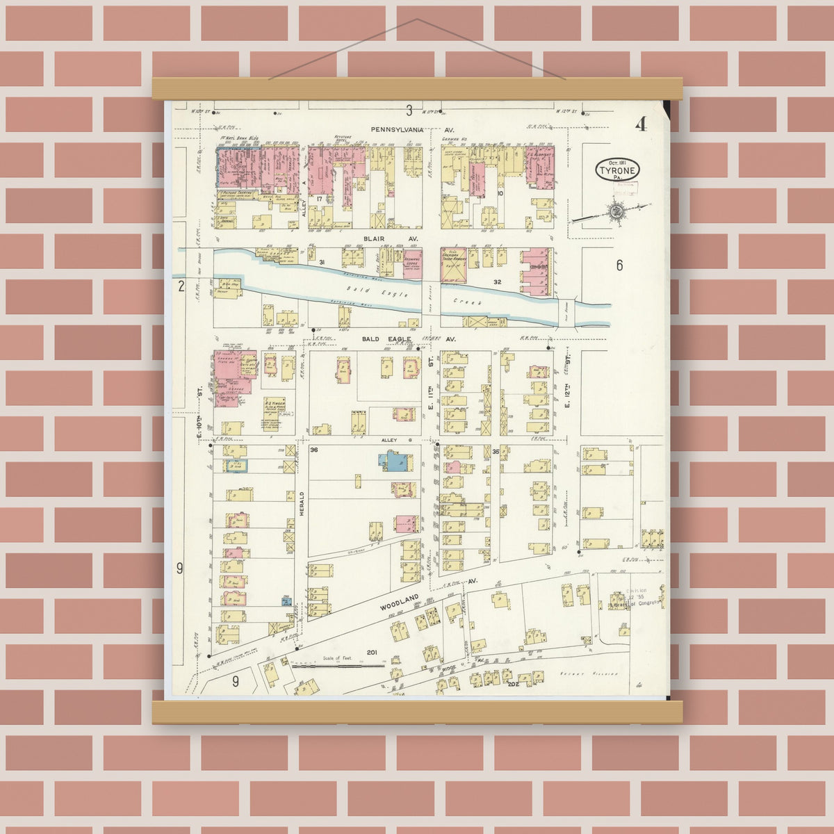 Old map wall art mockup — magnetic wood frame on brick wall — Sanborn Fire Insurance Map from Tyrone, Blair County, Pennsylvania (1911), Sheet #0004