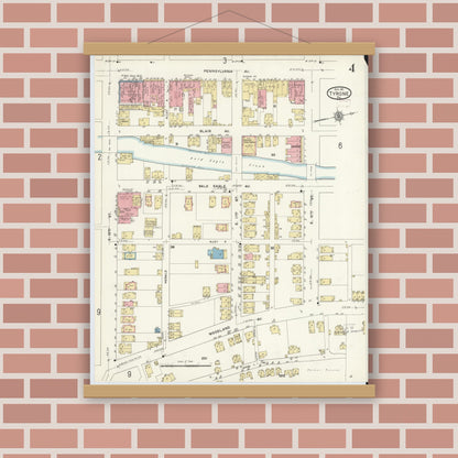 Old map wall art mockup — magnetic wood frame on brick wall — Sanborn Fire Insurance Map from Tyrone, Blair County, Pennsylvania (1911), Sheet #0004
