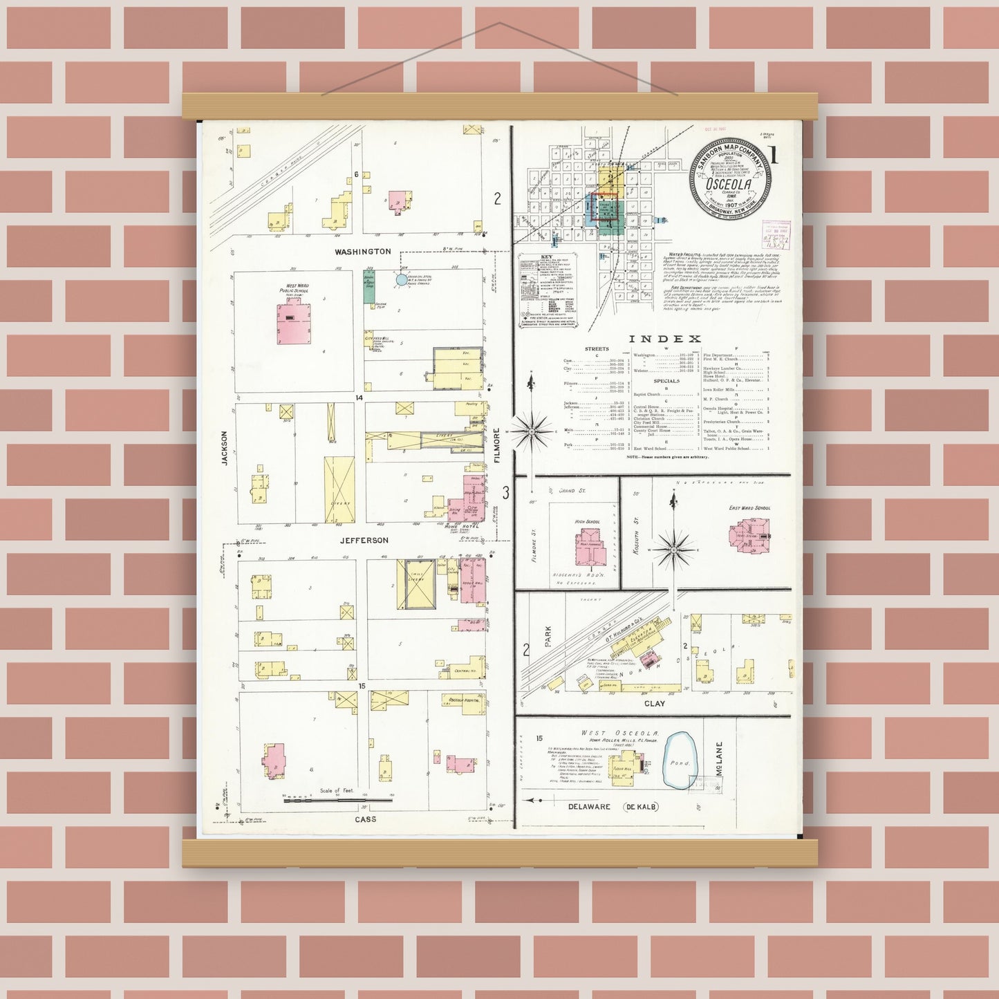 Old map wall art mockup — magnetic wood frame on brick wall — Sanborn Fire Insurance Map from Osceola, Clarke County, Iowa (1907) â€” Complete Set