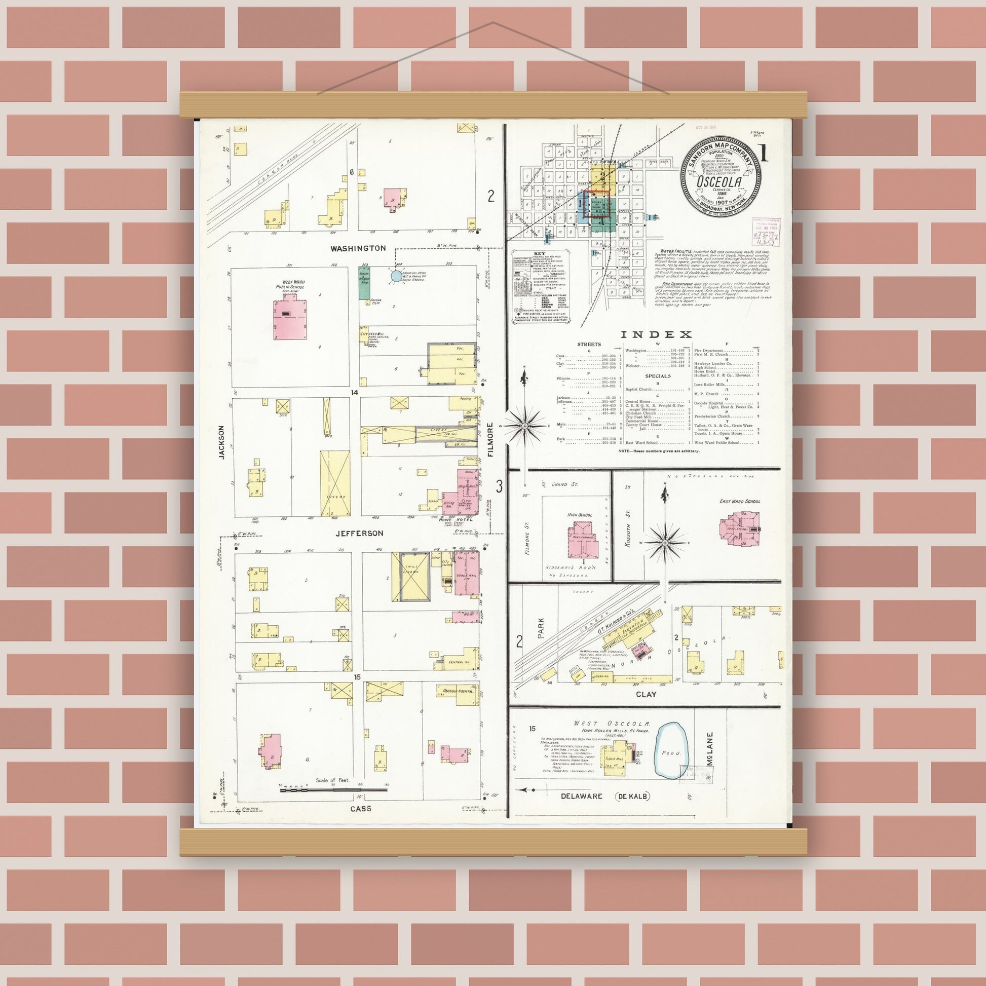 Old map wall art mockup — magnetic wood frame on brick wall — Sanborn Fire Insurance Map from Osceola, Clarke County, Iowa (1907) â€” Complete Set