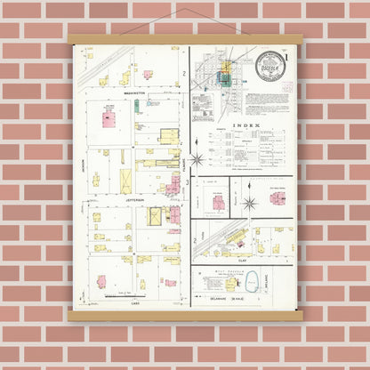 Old map wall art mockup — magnetic wood frame on brick wall — Sanborn Fire Insurance Map from Osceola, Clarke County, Iowa (1907) â€” Complete Set